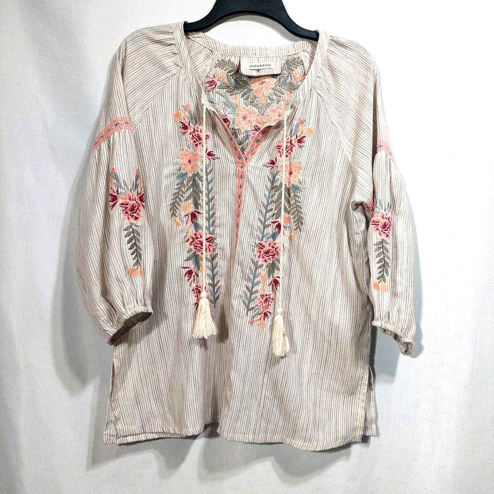 PAPARAZZI Womens Johnny Style‎ Blouse Size S Boho Peasant Embroidered Tie V Neck
